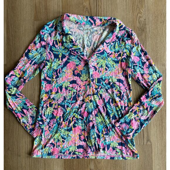 Lilly Pulitzer PJ Knit LS Button-Up Top in Oyster Bay Navy Size‎ S - Picture 1 of 7